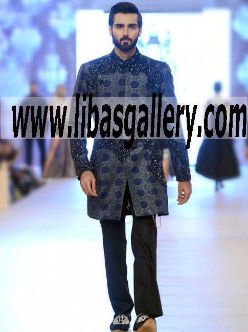 hsy wedding sherwani suit in jamawar hasnain lehro modeling for groom wedding sherwani suit black and silver embellishment saudi arabia qatar oman